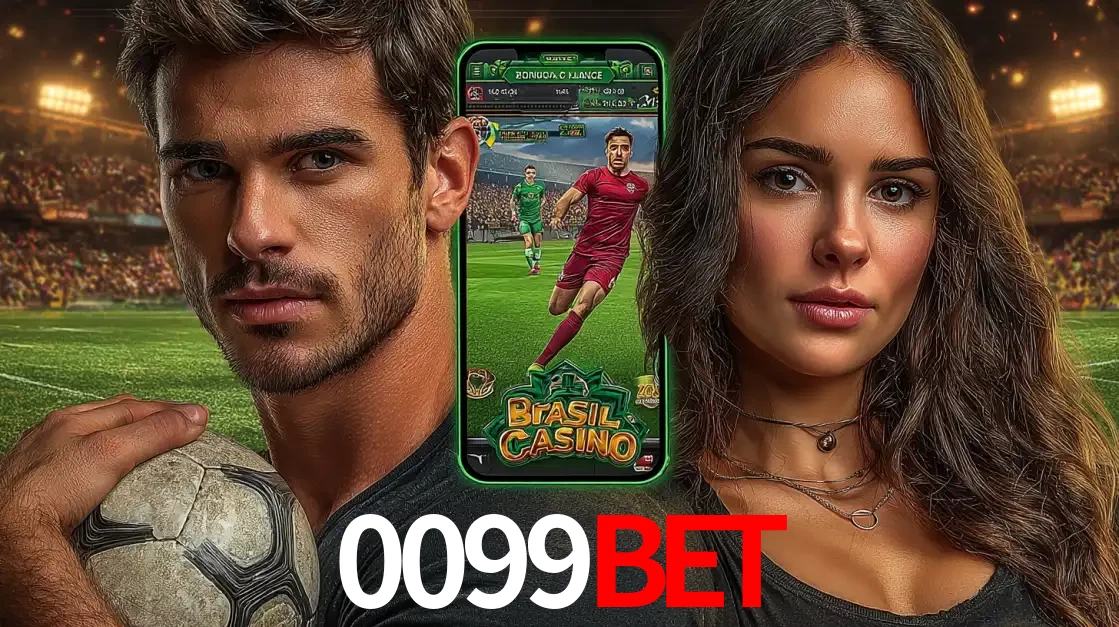 Homem segurando uma bola de futebol e uma mulher ao lado de um smartphone exibindo o jogo de apostas esportivas da 0099BET. Faça seu palpite no cassino online.